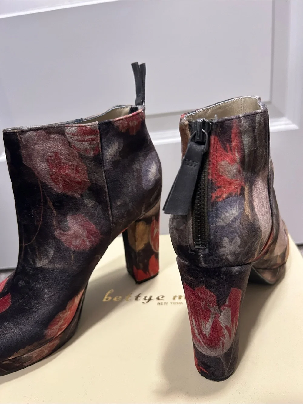 bettye muller Black Floral Velvet Block Heel Ankle Boots